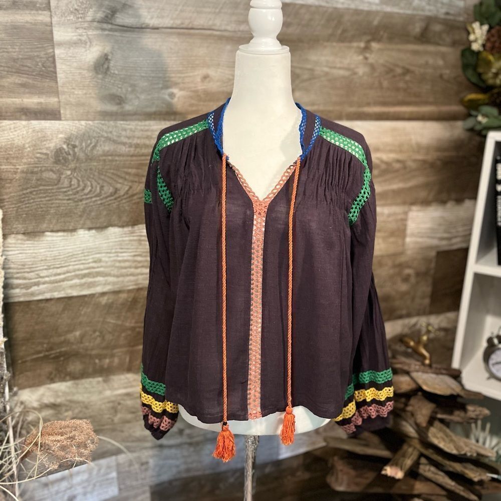 Urban Outfitters deep gray/brown long sleeve blouse with tassle neck-S